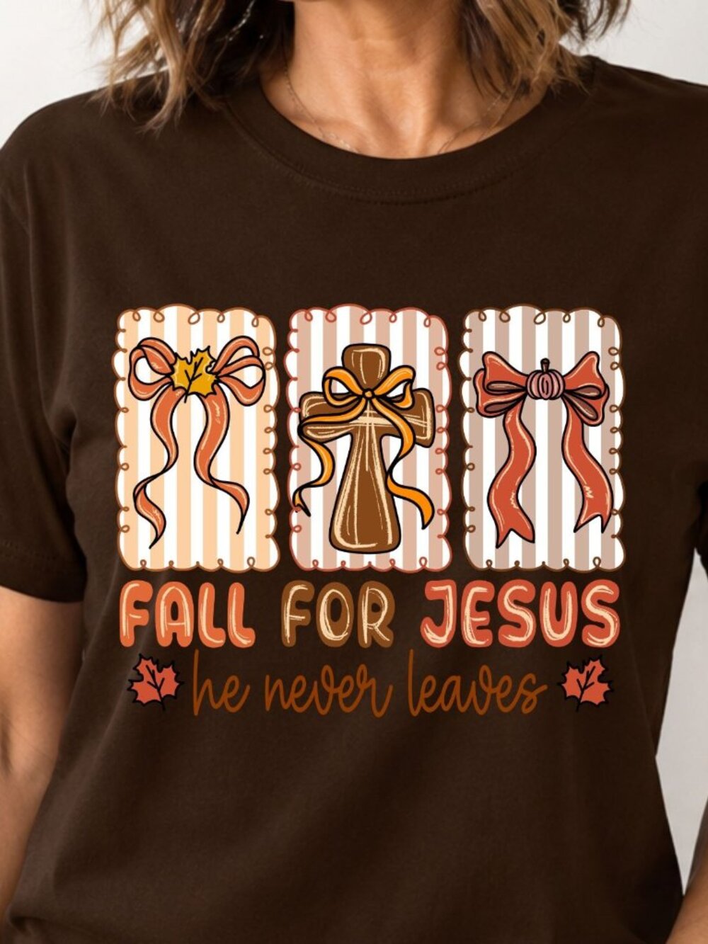 Fall for Jesus Christian Graphic T-Shirt Brown Size Large